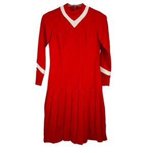 Vintage Red Long-Sleeve Pleated Dress With White Accents No Size Tag
